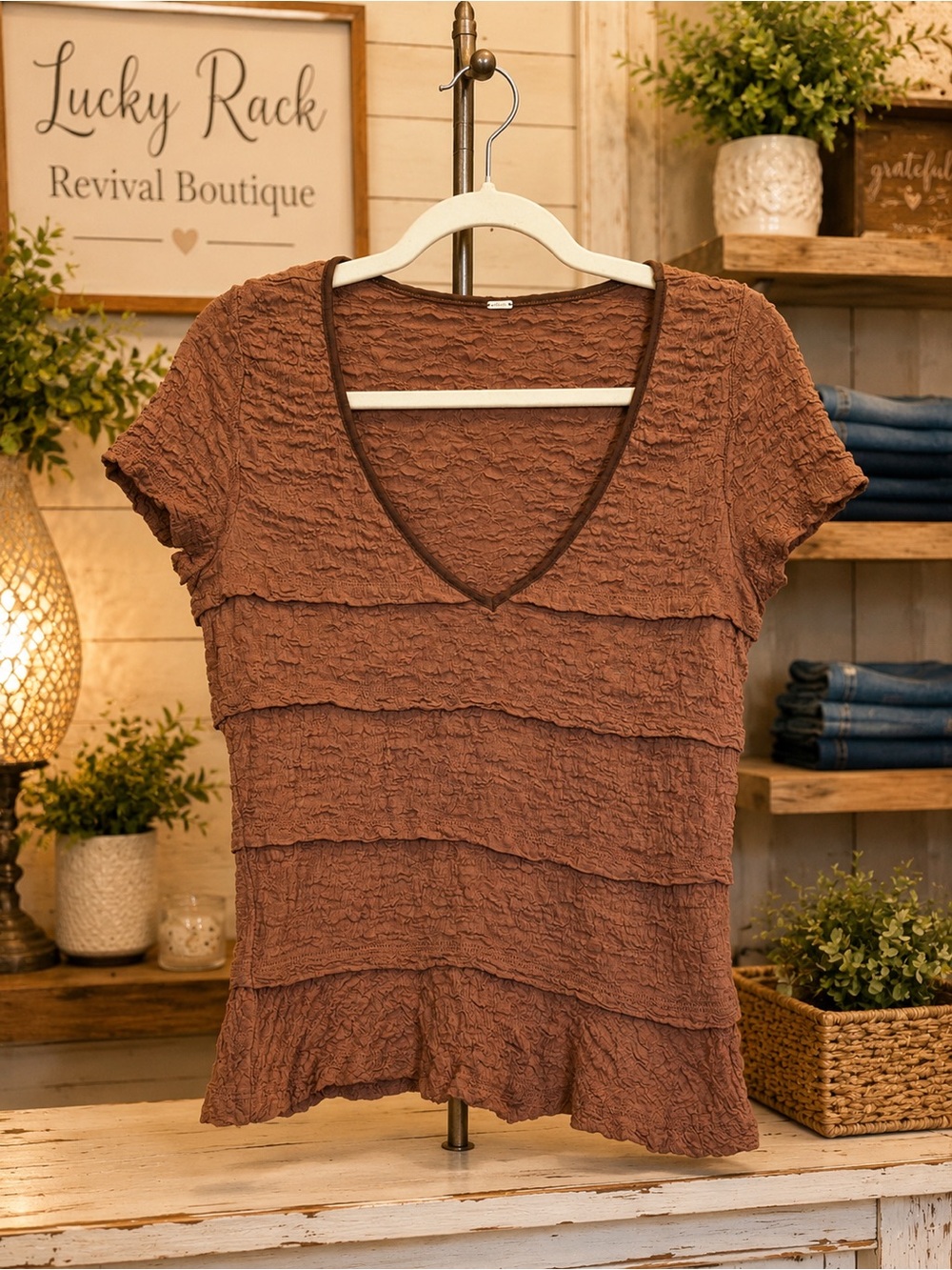 Free People Earthy Cocoa Textured Peplum Top | Boho Crinkle V-Neck